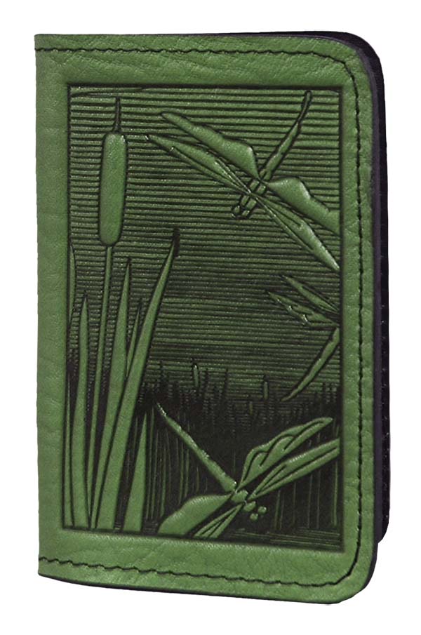 Leather Card Holder in green, dragonfly and cattail design