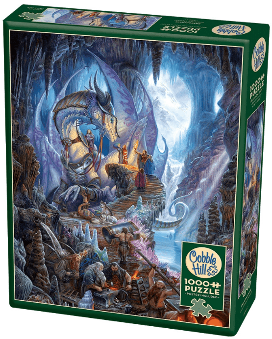 Front of 1000 piece jigsaw puzzle box. Dragon and dwarves working underground