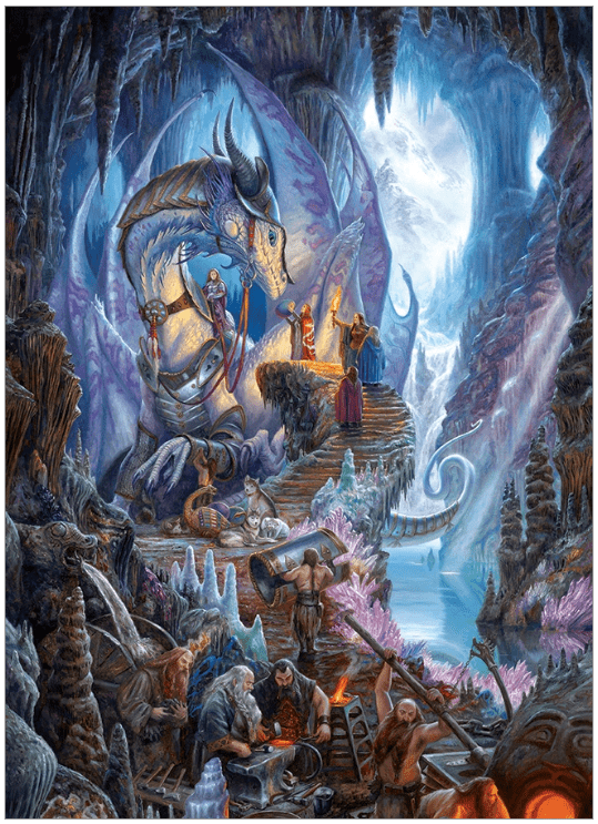 A dragon and dwarves work to sevle under a magical mountain