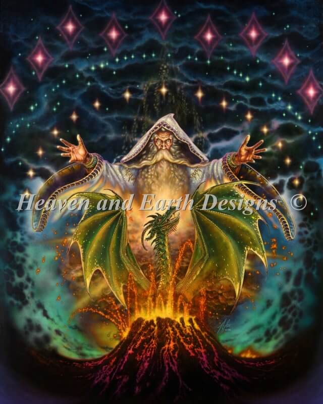 The art by Myles Pinkney shows a wizard summoning forth a dragon. The sorcerer has silver-blue robes and the green dragon erupts from a fiery volcano, as sparkles arc across the heavens.