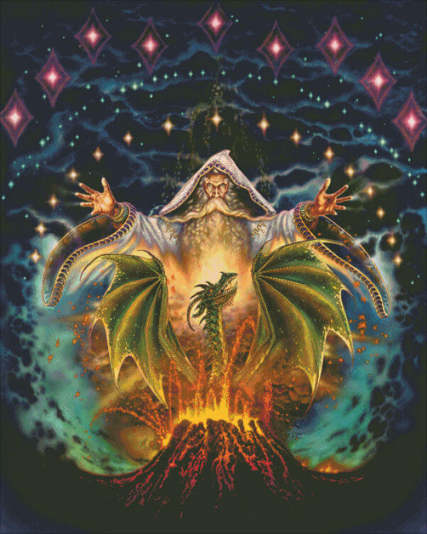The art by Myles Pinkney shows a wizard summoning forth a dragon. The sorcerer has silver-blue robes and the green dragon erupts from a fiery volcano, as sparkles arc across the heavens. Cross stitch mockup