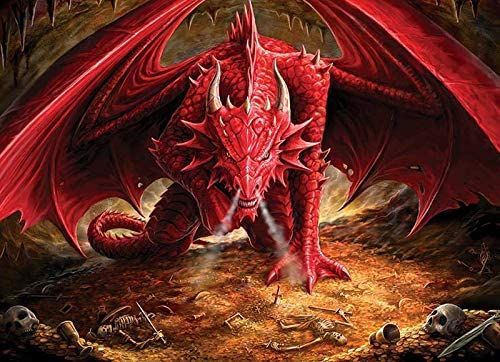 Image of red dragon stalking forward on pile of golden treasure with bones