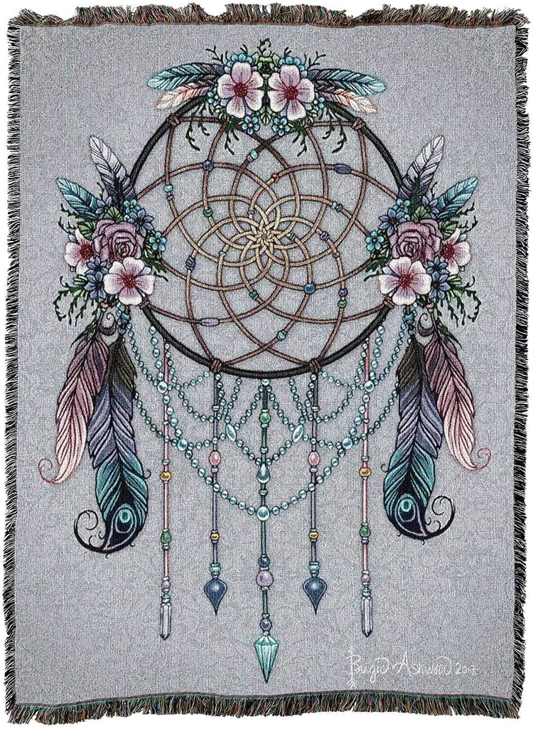 Tapetry blanket - dreamcatcher with feathers, flowers, and crystals on a gray background
