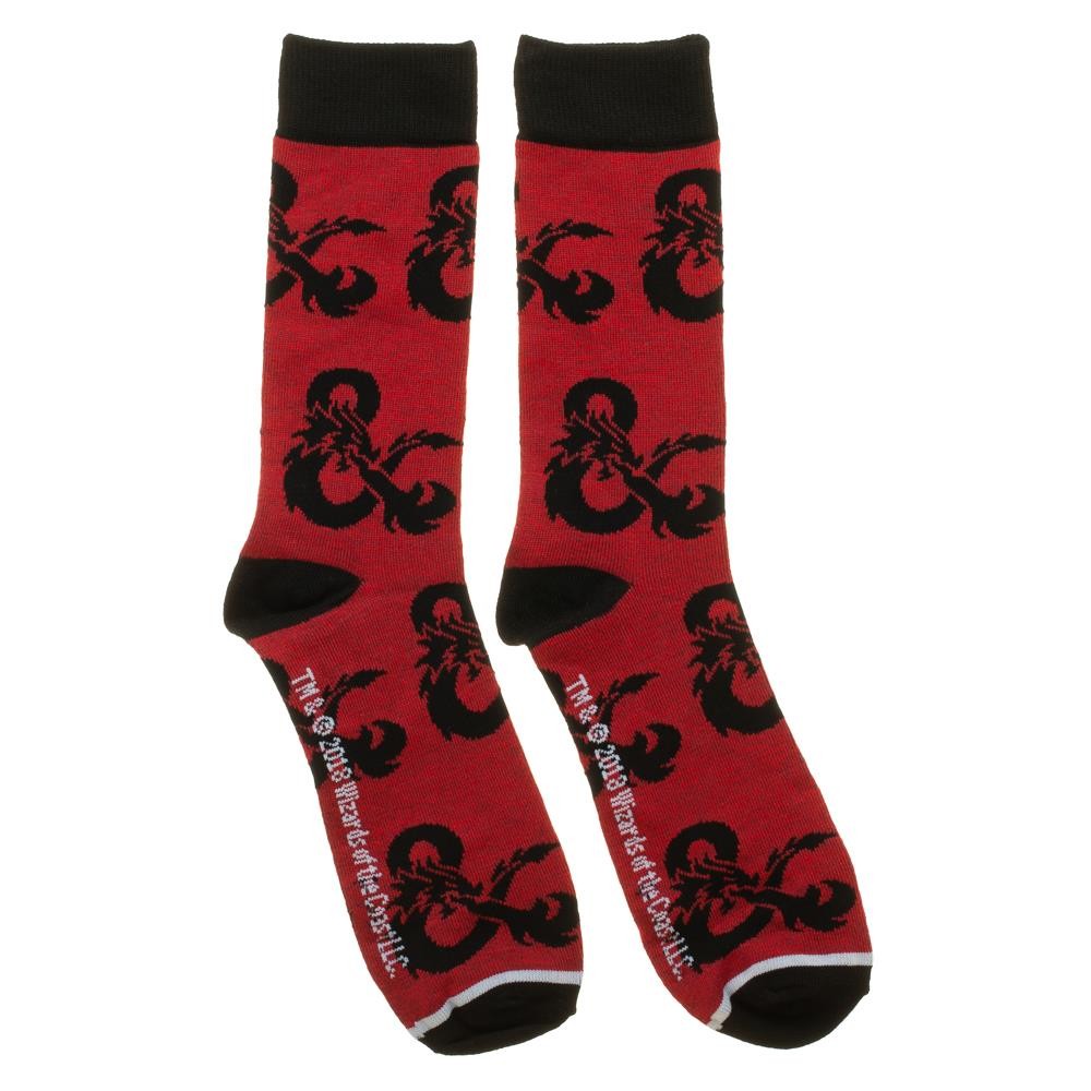 Red crew socks with black toes, tops and D&D logo design