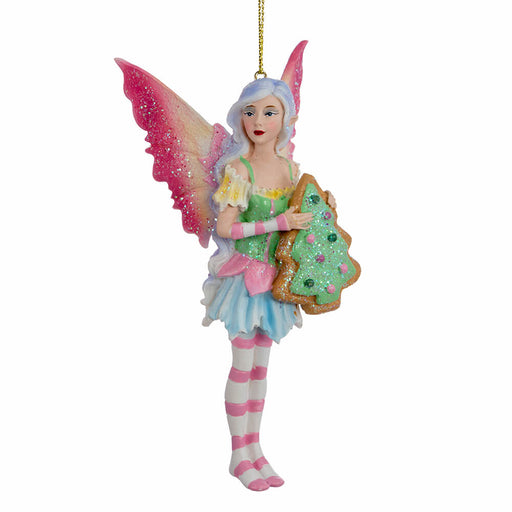 Amy Brown fairy ornament with pixie in pink, green, yellow, blue and white holding a Christmas tree cookie.