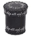 Black leather dice cup with silver white writing. The cup features elvish writing around the lid and sides of the sturdy, sewn leather cup