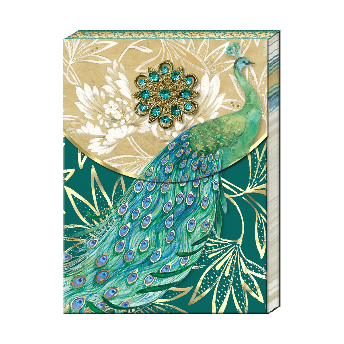 Pocket notebook with green peacock and gold foil, gems on brooch closure