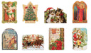 Cards featuring an angel, a tree, two kittens, an angel in front of an archway, the wise men on camels, a horse sleigh ride, flowers and text, and Santa in the forest