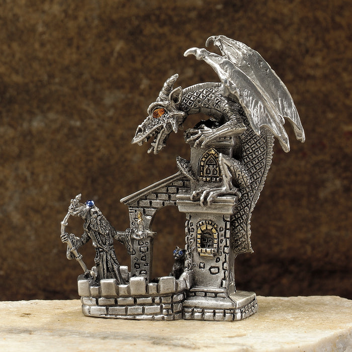 Evening Chat Pewter Dragon & Wizard Figurine