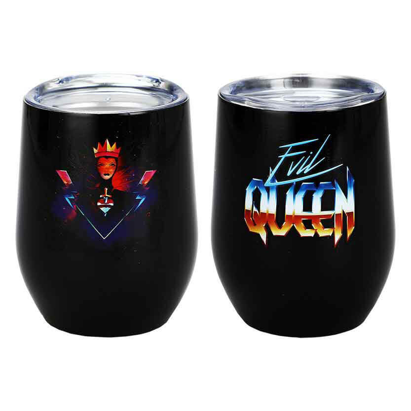Lidded tumbler mug, image showing front and back. Maleficent from sleeping Beauty is on the front in red, blue, and black, with a heart and dagger image. On the back text reads Evil Queen
