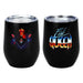 Lidded tumbler mug, image showing front and back. Maleficent from sleeping Beauty is on the front in red, blue, and black, with a heart and dagger image. On the back text reads Evil Queen