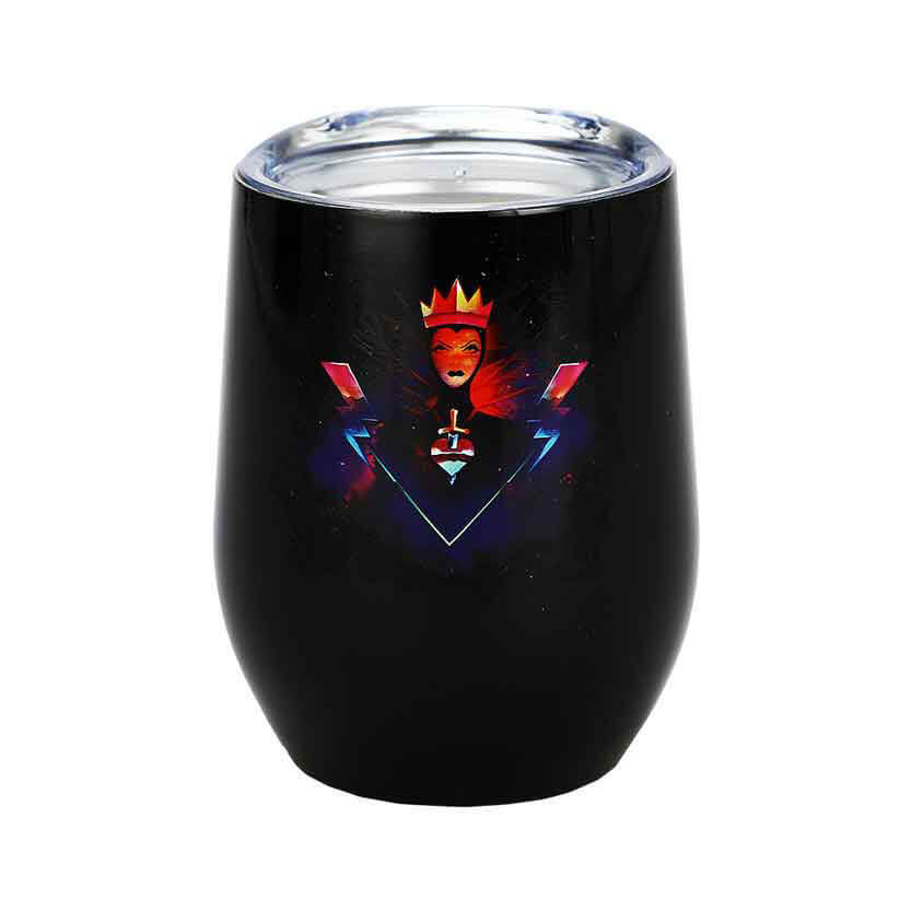 Lidded tumbler mug, image showing front. Maleficent from sleeping Beauty is on the front in red, blue, and black, with a heart and dagger image.
