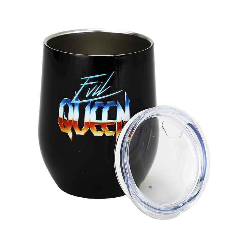 Maleficent Evil Queen tumbler mug with the lid off