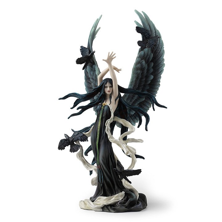 Figurine of fairy with black hair and dress and feathered angel wings, surrounded by ravens