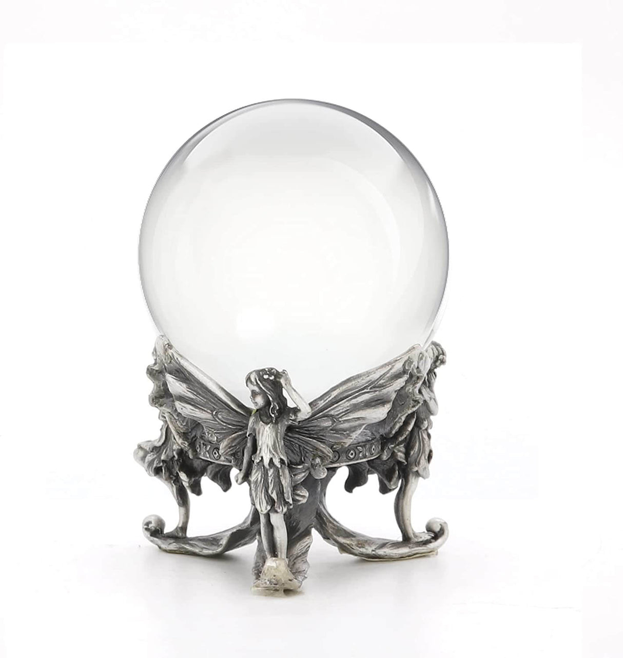 Fairy posing with two others, holding up glass crystal ball