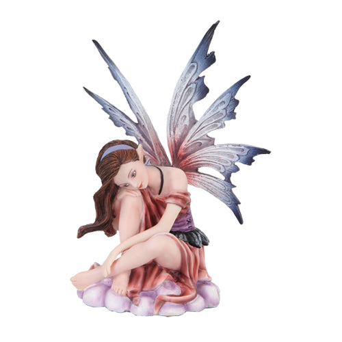 Fairy in pink and purple with blue tipped wings and brown hair sits on a cloud