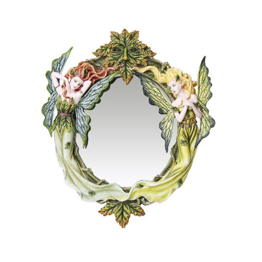 Mirror with two fairies on either side and a greenman at the top, with leaves at the bottom of the circle