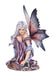 A fairy with a mauve-purple dress and light lilac hair bends to pick up a red rose.