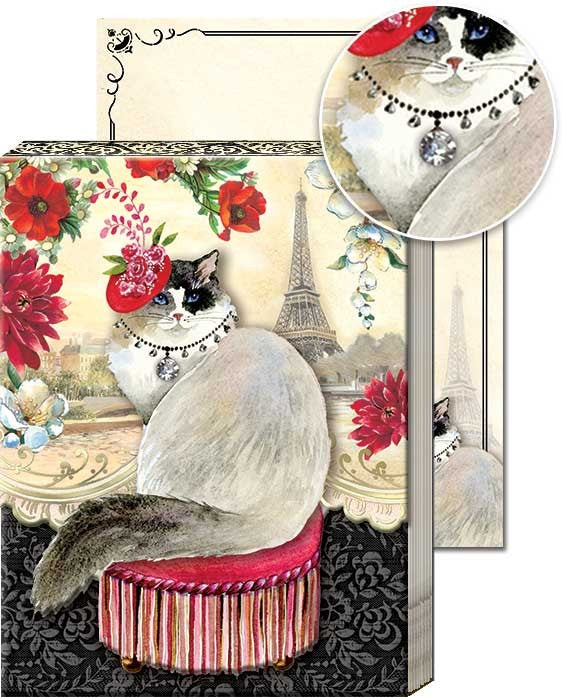 Pocket notepad, cover has white and black cat with red hat sitting on tuffet with red flowers, Eiffel Tower in the background, jewel accent