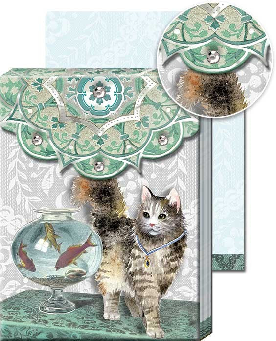Pocket notepad, cover has a cat next to a fishbowl and fancy designs with gems