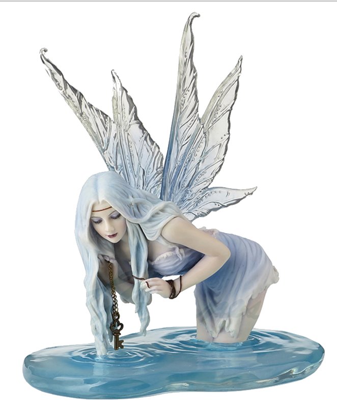 The pixie wears a dress of pale blue and white and has hair to match, and her transparent wings are reminiscent of ice. She leans over the water in which she stands, dangling a key just above the surface.