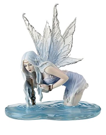 The pixie wears a dress of pale blue and white and has hair to match, and her transparent wings are reminiscent of ice. She leans over the water in which she stands, dangling a key just above the surface.