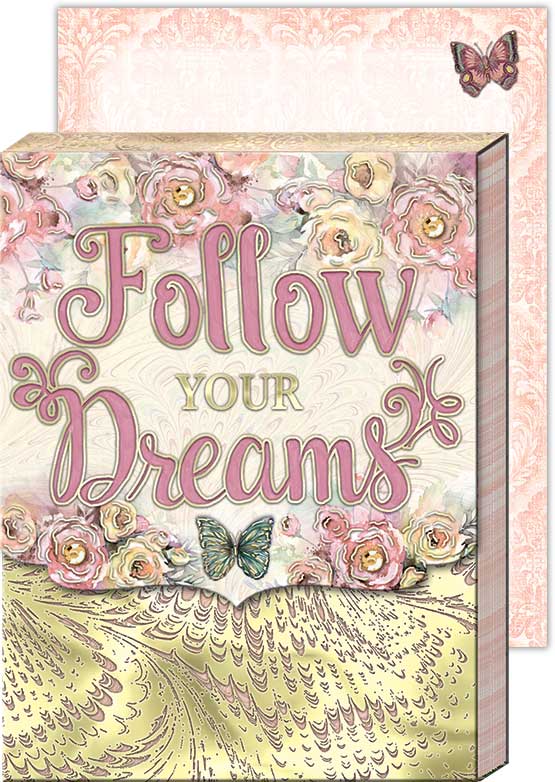 Pocket notebook with "Follow Your Dreams" written in pink and gold, cover has flowers and butterflies with gems