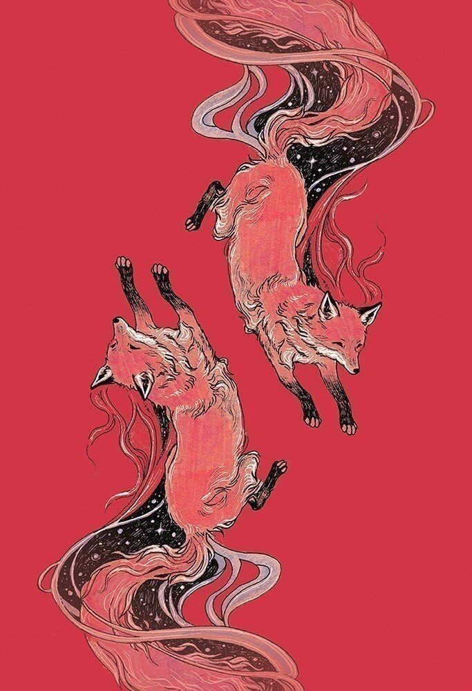 Card back artwork of two foxes