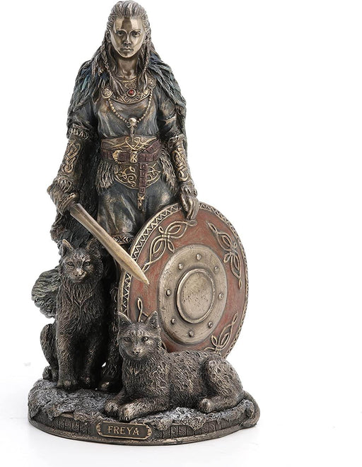 Shieldmaiden Freya the Norse goddess standing with sword, shield, and two cats