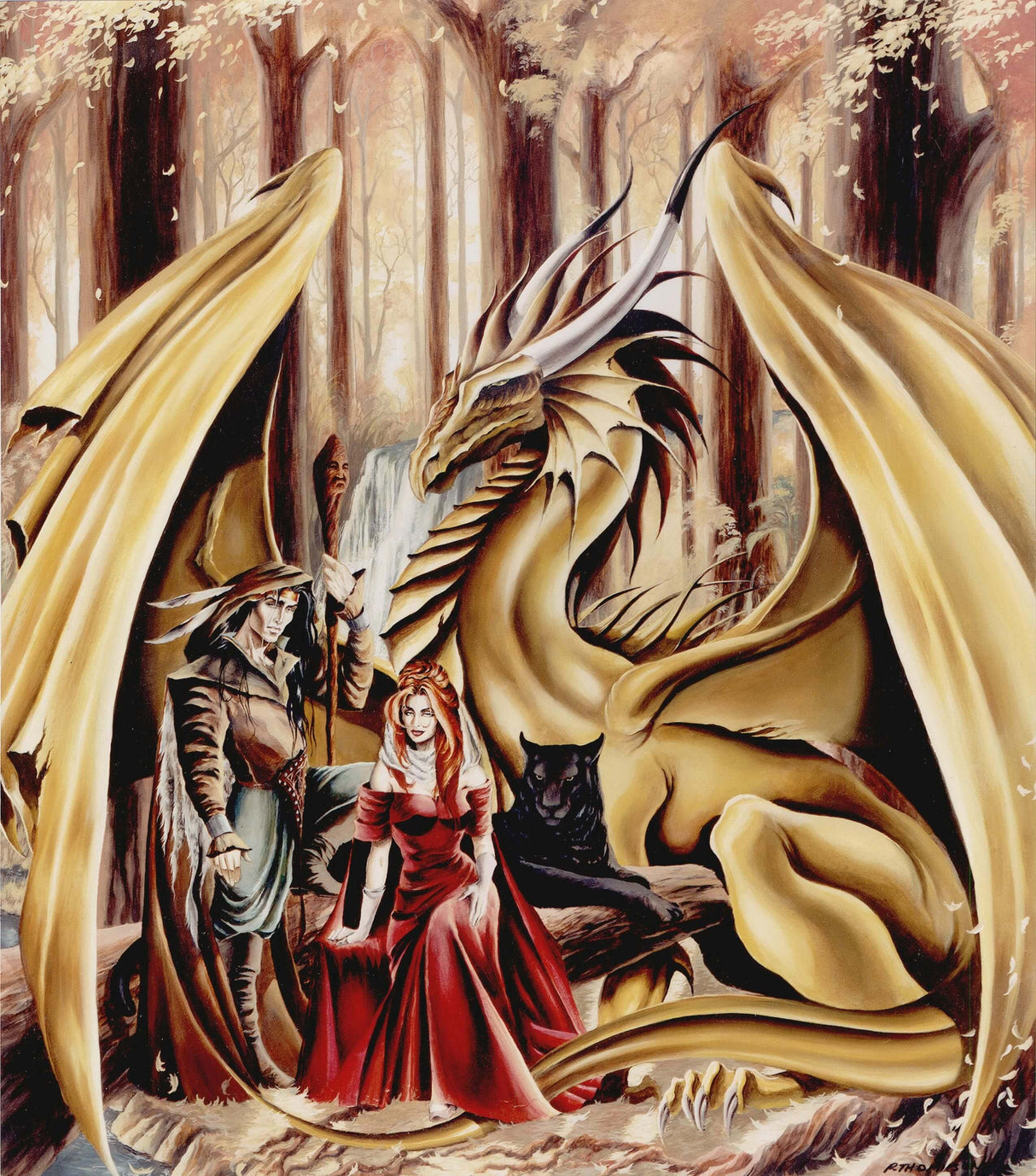 Man, woman, black panther and golden dragon meet in the forest