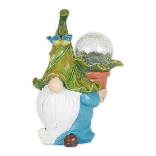 Gnome in blue with leaf hat holding solar orb flower pot