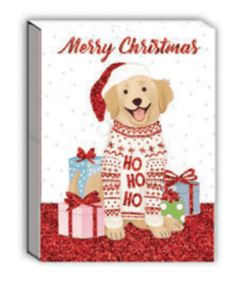 Golden retriever surrounded by presents with the text "Merry Christmas" on the cover of this pocket notepad