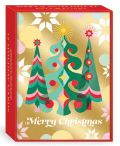 Christmas Cards with three stylized trees in green and pink and a gold background