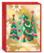 Christmas Cards with three stylized trees in green and pink and a gold background