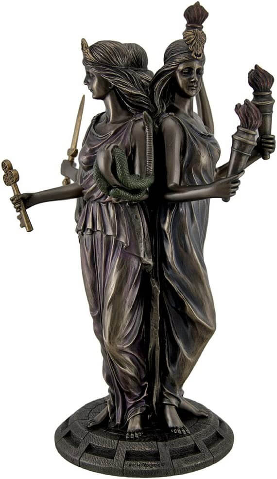 Hecate shown as triple goddess, visible holding a key and snake, and another form holding two torches