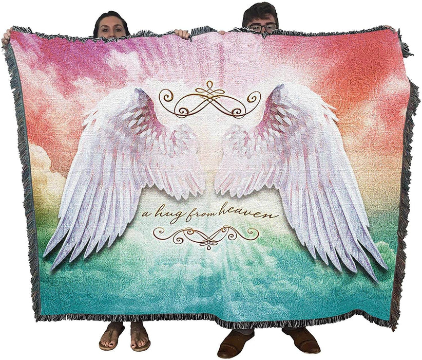 Hug From Heaven angel wing tapestry blanket, held up by two adults to show large size
