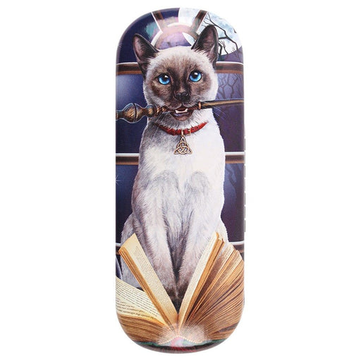 Glasses case with Siamese cat and book, holding wand in its mouth