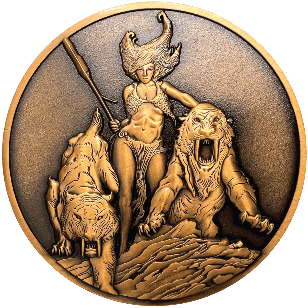 Huntress coin showing warrior woman with two tigers