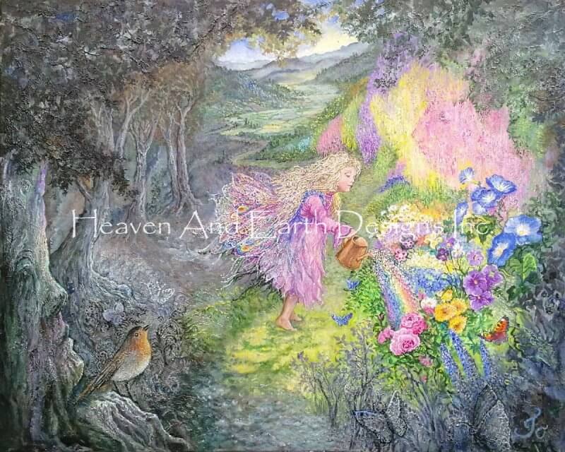 artwork by Josephine Wall, shows a little pixie bringing springtime to the land. As the fairy waters the plants, color flows into the scenery, flowers blooming and butterflies springing up in the formerly gray and dreary place.