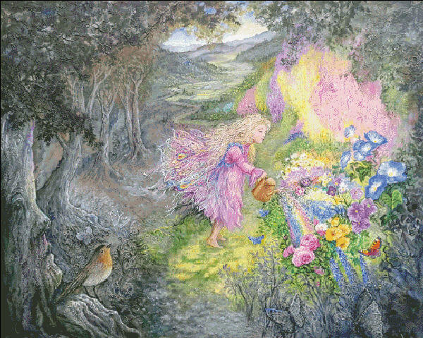 artwork by Josephine Wall, shows a little pixie bringing springtime to the land. As the fairy waters the plants, color flows into the scenery, flowers blooming and butterflies springing up in the formerly gray and dreary place. Cross stitch mockup
