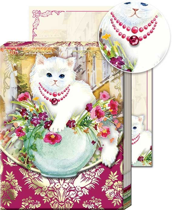 Pocket notepad with white kitten and a flower vase, gem accents