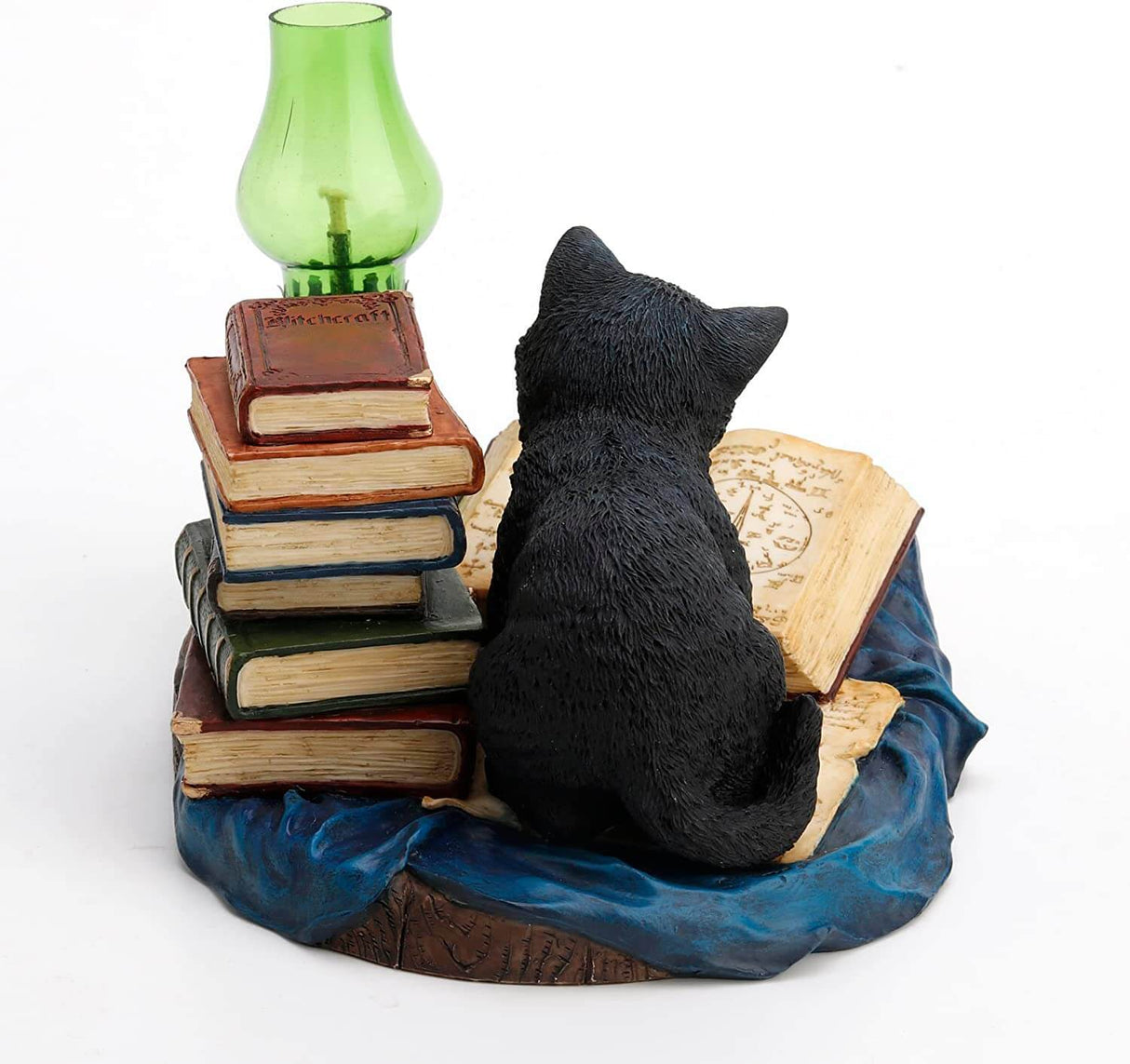 Black cat reading a book next to more tomes and a green lamp. Shown from the back