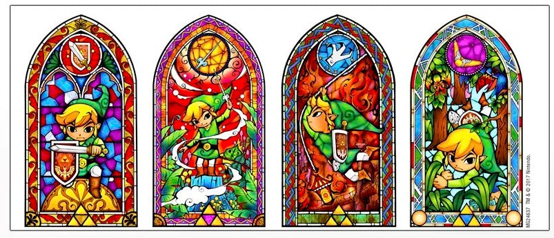 Detail of all of the Stained Glass Windows showing Link from Legend of Zelda in various poses and with his different weapons