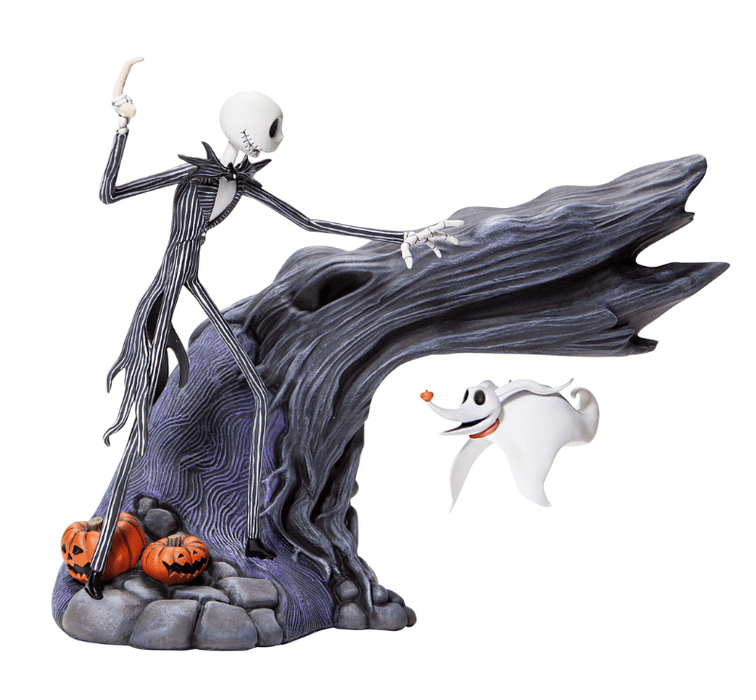 Jack Skellington and his ghost dog, Zero. Zero appears to float below a tree