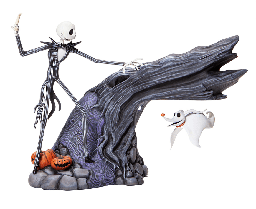 Jack Skellington and his ghost dog, Zero. Zero appears to float below a tree