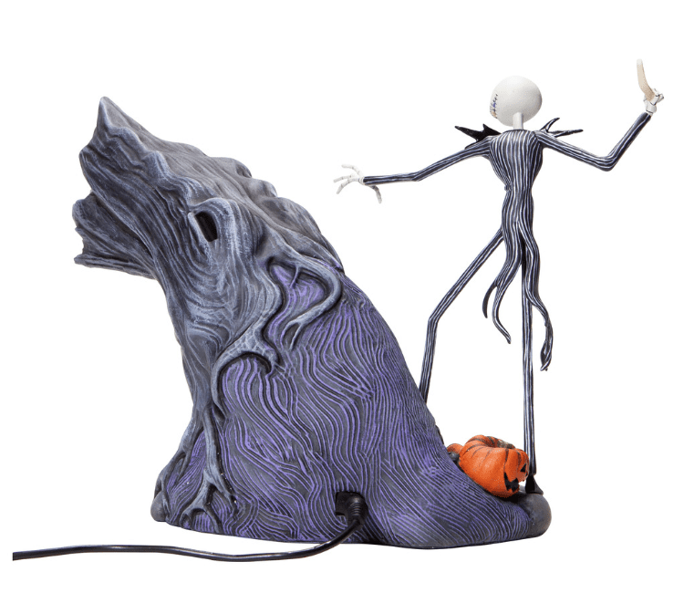 Jack Skellington and his ghost dog, Zero. Zero appears to float below a tree. Shown fromt he back