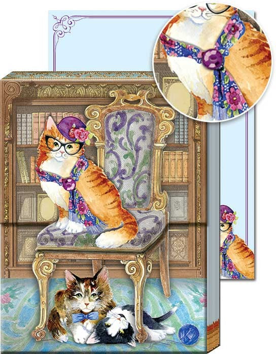 Pocket notepad, cover features three cats posing in a library, jewel accents