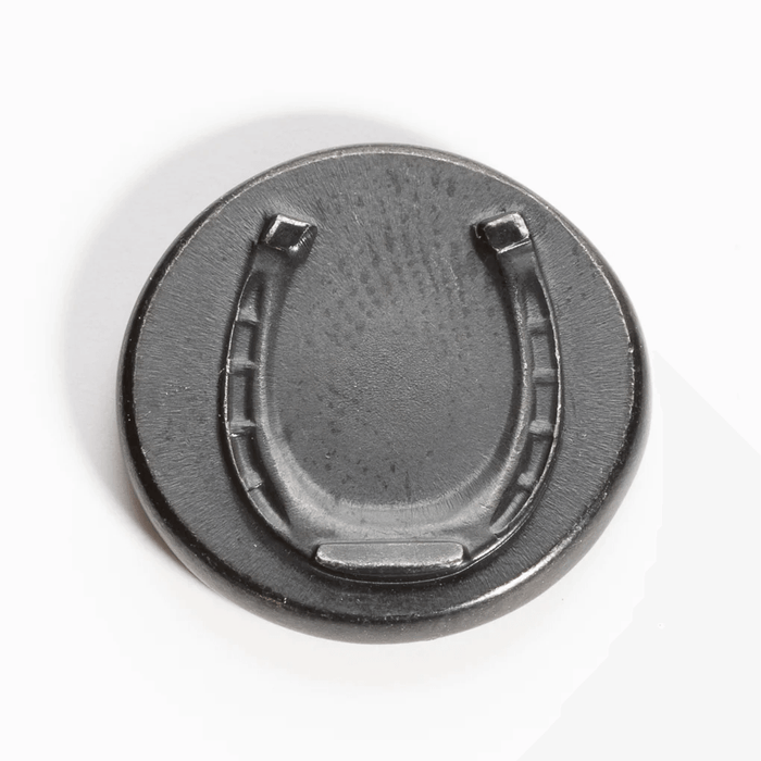 Black lucky coin showing horseshoe side