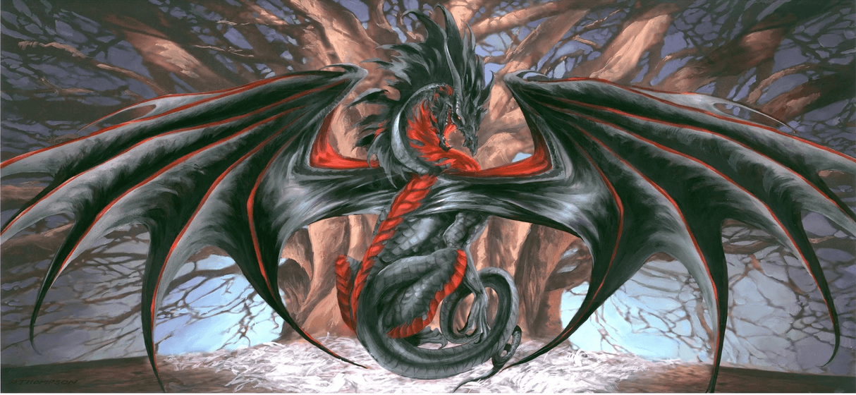 Black and red dragon in front of a huge leafless tree. Art by Ruth Thompson