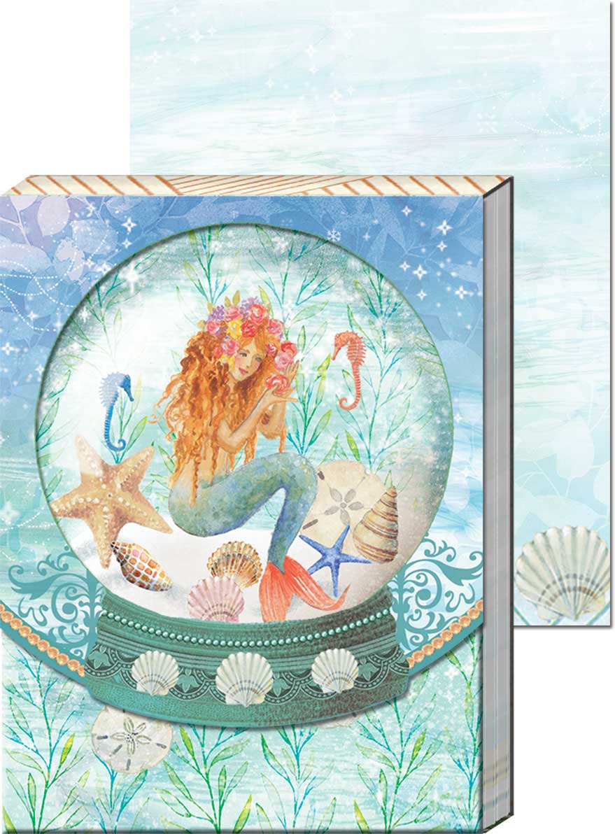 Pocket notepad featuring diecut image of mermaid in a snowglobe with seashells and seahorses